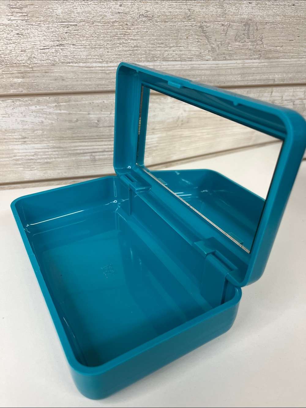 Teal Makeup Storage Box with Built-In Mirror